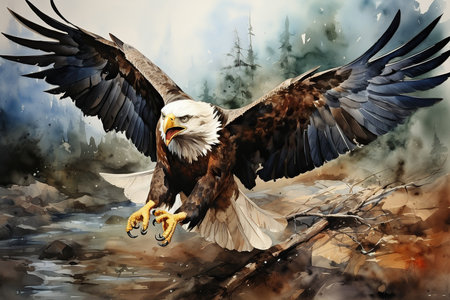 Digital painting of an american bald eagle flying above a river.の素材