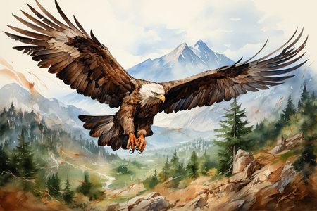 Bald Eagle flying over the mountains. Watercolor painting illustration.の素材