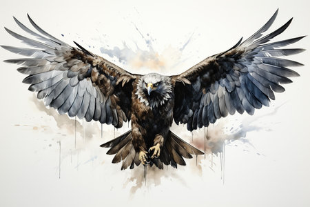 Digital painting of a bald eagle in flight with splashes of inkの素材
