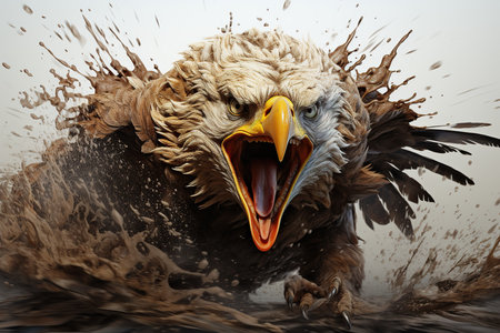 3d rendering of an eagle with splashes of paint on a white backgroundの素材