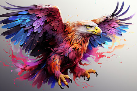 Illustration of a flying eagle with colorful paint splashes on a gray backgroundの素材