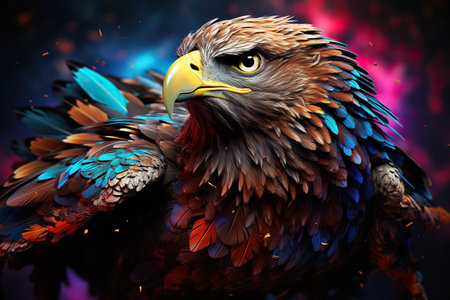 3D rendering of a golden eagle with a bright colorful background.の素材