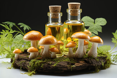 Edible mushrooms and essential oil in glass bottles on wooden background.の素材