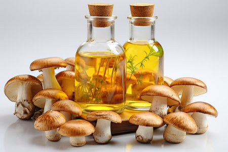 Mushroom oil in glass bottles with fresh mushrooms on white backgroundの素材