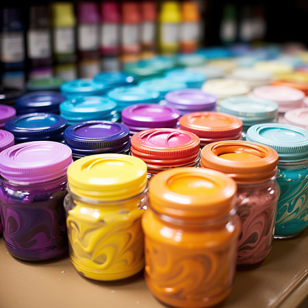 Colorful jars with gouache paints on a shelf in a paint shopの素材