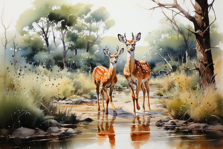 Two deer in the water, digital painting, illustration of wild animalsの素材