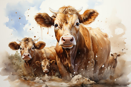 Cows in a muddy field with splashes of water. Digital paintingの素材