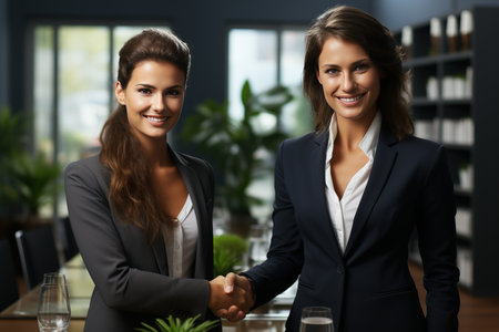 Portrait of smiling businesswomen shaking hands at meeting in office.の素材
