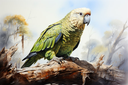 Parrot sitting on a branch in the forest. Digital painting.の素材