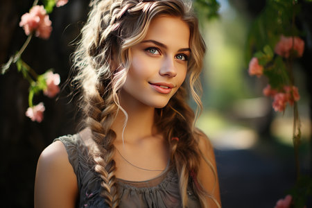Portrait of a beautiful young woman with braids in the gardenの素材