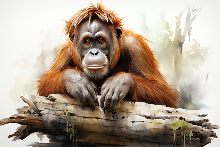 Orangutan portrait on white background. Digital painting of a wild animal.の素材