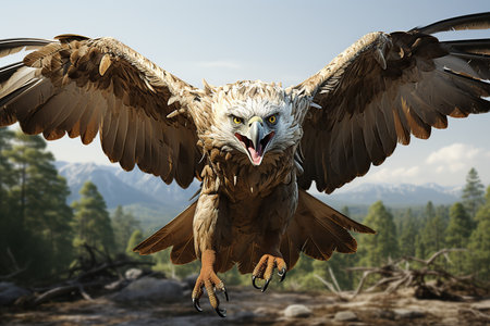 3d rendering of an eagle flying in the air with mountains in the backgroundの素材