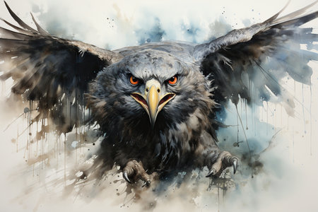 Digital painting of eagle head with grunge splashes on white backgroundの素材