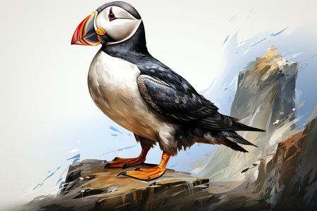 Atlantic puffin on the rock. Watercolor painting. Vector illustration.の素材