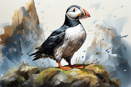 Puffin on the rock. Watercolor illustration. Vector.の素材