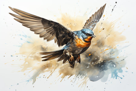 Watercolor painting of a swallow bird with wings spread in flight.の素材