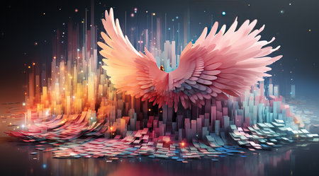Abstract colorful background with flying bird. 3d rendering, 3d illustration.の素材