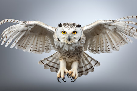 Owl with big yellow eyes on grey background. 3d illustrationの素材