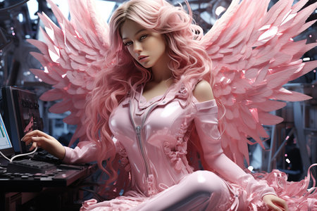 Fantasy girl with pink hair and angel wings. Portrait of a beautiful woman in a fairy costume.の素材