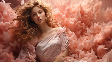 Portrait of a beautiful woman with curly blonde hair. Beauty, fashion.の素材