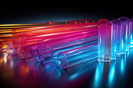 abstract 3d illustration of glass vials on a dark backgroundの素材