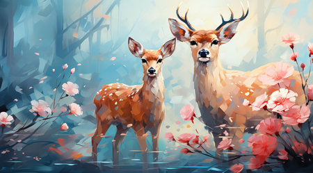 Digital painting of a couple of deers in a spring forest.の素材