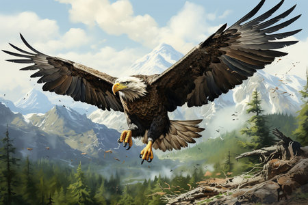 Bald Eagle flying in the mountains. 3d illustration. Clip art.の素材