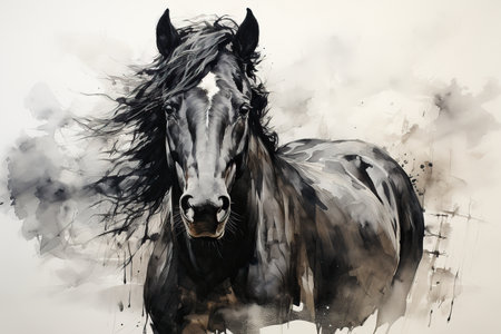 Digital painting of a black horse with long mane on white backgroundの素材