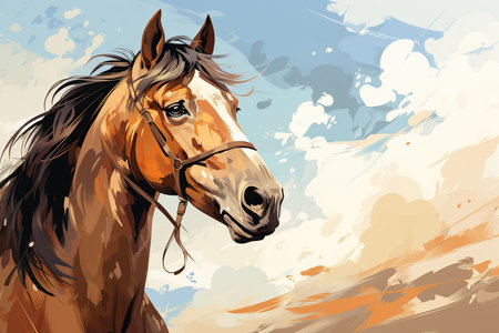 beautiful horse on a background of sky and clouds, vector illustrationの素材