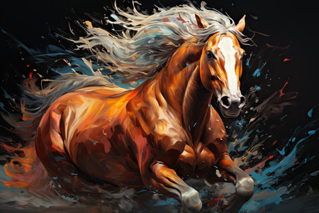 Horse with long mane run gallop in paint splashesの素材