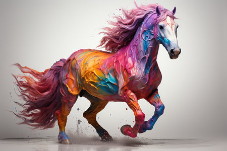 Running horse with colorful hair on a white background. 3d renderingの素材