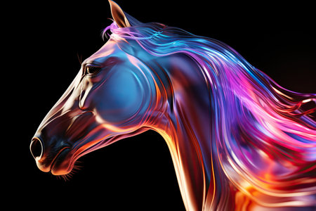 Horse head with colorful iridescent paint on a black backgroundの素材