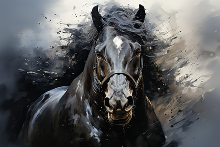 Digital painting of a black horse in the wind. Horse portrait.の素材