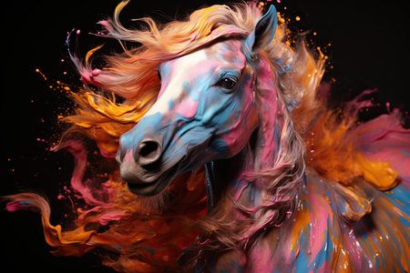 Fantasy portrait of a horse with colorful paint splashes on black backgroundの素材