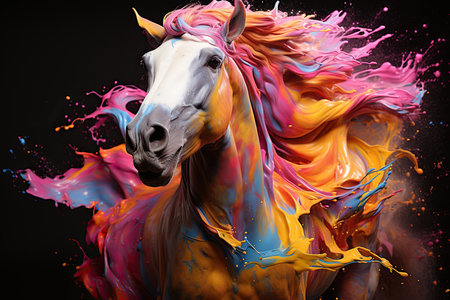 Portrait of a white horse with colorful paint splashes on a black backgroundの素材