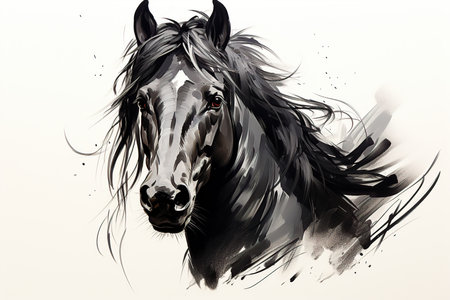 Horse art illustration grunge painting black color on white background.の素材