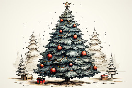 Christmas tree with red balls and gifts on a white background. Vector illustration.の素材