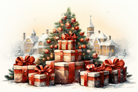 Christmas and New Year background with Christmas tree, gifts and houses.の素材