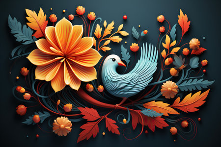 Elegant floral background with bird and flowers. Vector illustration.の素材