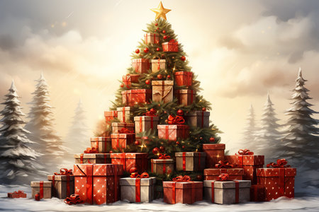 Christmas tree with gift boxes against snowy landscape with fir trees 3dの素材