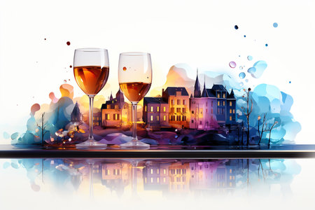 Two glasses of wine on a background of the old city. Vector illustrationの素材