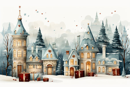 Winter landscape with old town houses and snowfall. Vector illustration.の素材