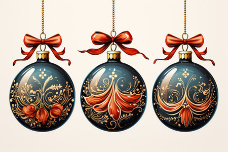 Set of Christmas balls with ornaments in vintage style. Vector illustration.の素材
