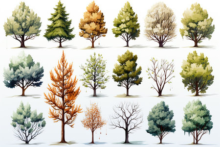Set of trees in different seasons. Vector illustration isolated on white background.の素材