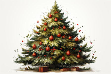 Christmas tree and gifts on a white background, digital painting, illustrationの素材