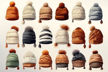 Set of knitted winter hats with pompons. Vector illustration.の素材