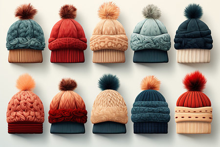 Set of winter hats isolated on white background. 3d illustration.の素材
