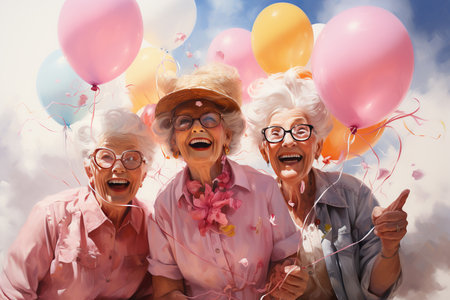 Cheerful elderly women looking at camera and smiling while standing with balloonsの素材