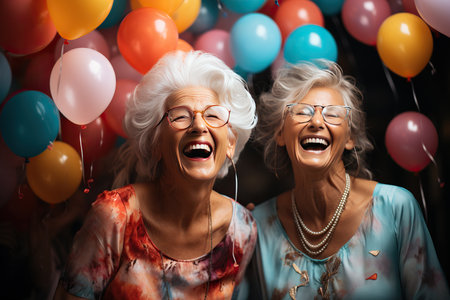 Portrait of happy senior women laughing and looking at camera at birthday partyの素材