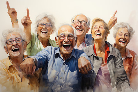 Group of senior people laughing and looking at camera in the retirement homeの素材